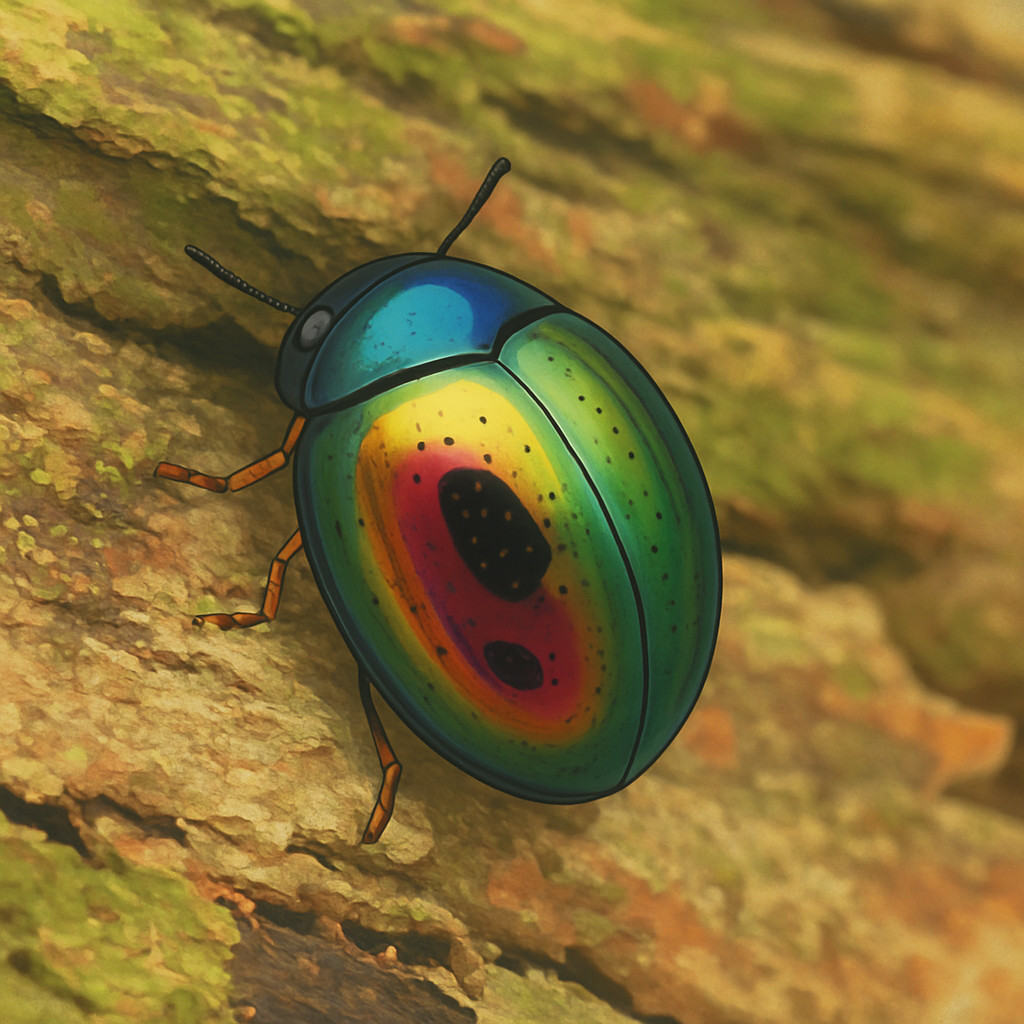 Iridescent Beetle on Mossy Bark